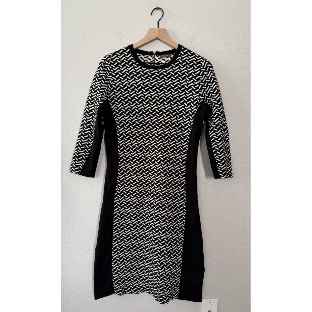 J. McLaughlin Black White Jacquard Knit Sweater Dress Preppy Classic Sz M $215